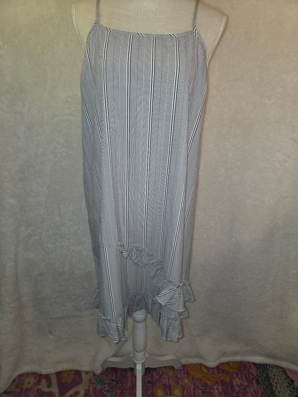 Hem & Thread Ruffle Hem Blue White Striped Cami Maxi Boho Dress NWT Sz L